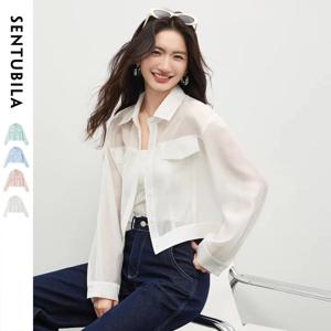 SENTUBILA Lyocell 셔츠 여성 자외선 차단 시스루 탑 2026 봄 여름 짧은 셔츠 자켓 여성 셔켓 Q61WF6012