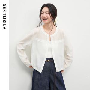 SENTUBILA 여성용 오버사이즈 리오셀 셔츠 2026 봄 여름 라운드 넥 긴 소매 드로스트링 시어 캐주얼 탑 161WB5014