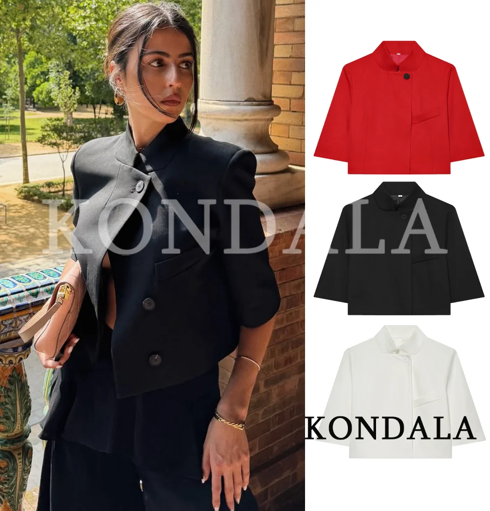 KONDALA 통근용 반팔 블레이저 여성 여름 우아한 스탠드업 칼라 짧은 블레이저 새로운 2026 트렌디 하이 스트리트 캐주얼 블레이저