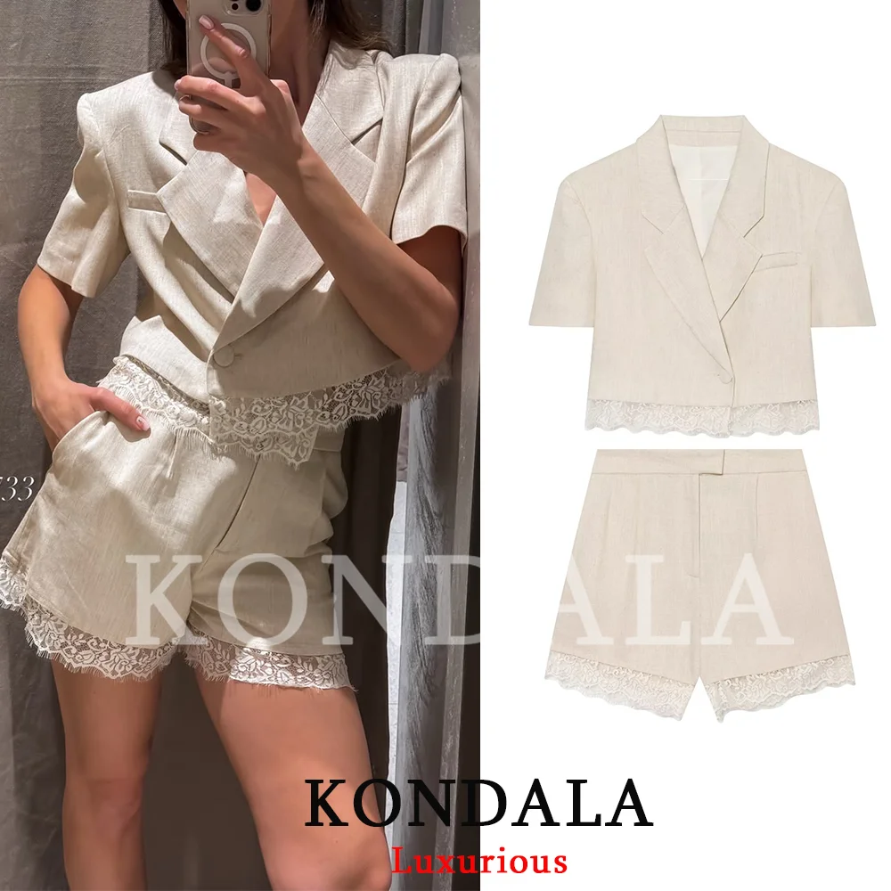 KONDALA 캐주얼 시크 여성 솔리드 슈트 V 넥 싱글 버튼 짧은 레이스 블레이저 지퍼 포켓 반바지 패션 2026 봄 여름 세트