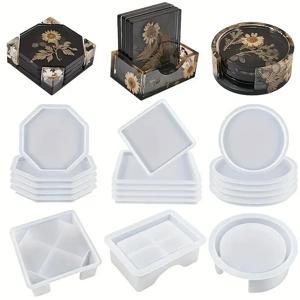코스터 수지 금형 세트에는 1pc 코스터 보관 상자 금형, 에폭시 수지 용 4Pcs 실리콘 수지 코스터 금형이 포함됩니다.