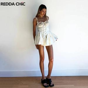 REDDACHiC 꽃무늬 새틴 여성 롬퍼 스티치 레이스 코르셋 스퀘어 넥 버튼 캐미솔 미니 드레스 예쁜 우아한 여름 옷
