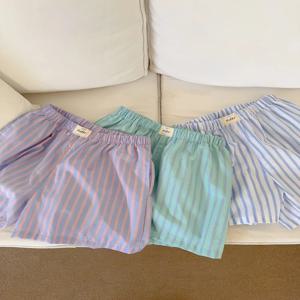 한국식 스트라이프 반바지 여성용 루즈핏 캐주얼 밴딩 홈웨어 면 얇은 여성용 바지 여름 클라우드 코튼 청소년 레저 홈웨어