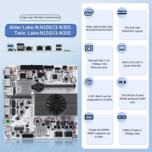 CWWK 8슬롯 10G NAS 마더보드 N150/N305/N355 / 듀얼 2.5G 네트워크 카드 + 10G/10G 포트 / 단일 DDR5 + 듀얼 NVME NAS