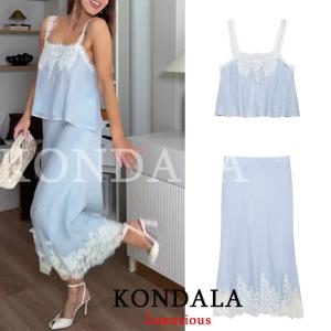 KONDALA 휴일 섹시한 세련된 여성 스커트 정장 레이스 캐미 탑 롱 스트레이트 스커트 패션 2026 봄 여름 비치 스커트 정장