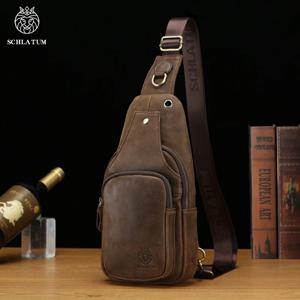 SCHLATUM 100% 정품 가죽 가슴 가방 캐주얼 삼각형 크로스 바디 디자인 여행 어깨 배낭 남성 가죽 다기능 가방