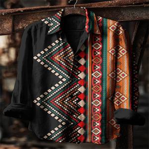 새로운 남성 빈티지 아트 긴 소매 셔츠 추상 기하학 빈티지 프린트 캐주얼 린넨 긴 소매 셔츠 남성용 탑