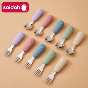 304 스테인리스 스틸 식기 숟가락 곰 발 모양 짧은 손잡이 포크 숟가락, 먹는 법 배우기, 작은 보조 훈련용 숟가락