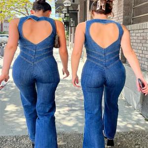 TARUXY 백리스 하트 컷 아웃 Bodycon Jumpsuit 여성용 캐주얼 민소매 슬림 원피스 의상 레트로 데님 점프 슈트 New 2025