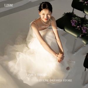 LISM Simple Tulle Tiered Ruffles 한국 웨딩 드레스 스파게티 스트랩 a 라인 공식 드레스 Vestidos De Novia 맞춤형 신부 가운