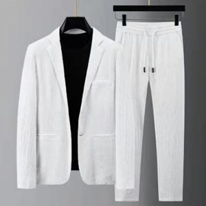 남자 두 조각 정장 스트라이프 Pleated 남자 바지 세트 Pleated Drawstring 느슨한 옷깃 주머니 얇은 공식 비즈니스 남자 세트