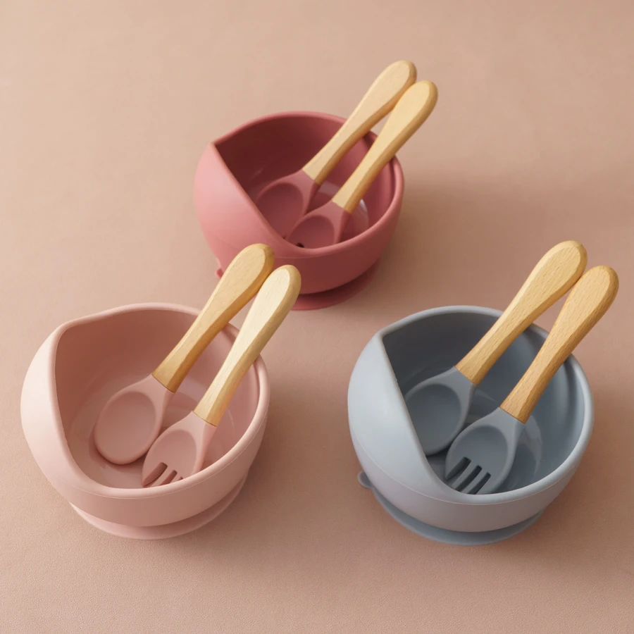 3Pcs 실리콘 아기 먹이 그릇 세트 아기 학습 요리 흡입 그릇 세트 나무 숟가락 포크 어린이 식기 아기 물건