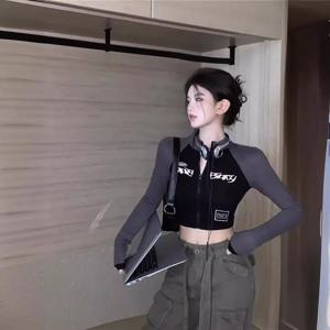 레트로 바이커 하프 하이 칼라 숏 지퍼 재킷 Y2K 스파이스 걸 슬림핏 컬러 블록 하이웨이스트 긴팔 티셔츠