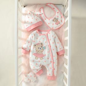 4PCS 신생아 아기 소녀 사랑스럽고 달콤한 폴카 도트 인쇄 패치 곰 가을 귀여운 점프 슈트 + 모자 + 턱받이