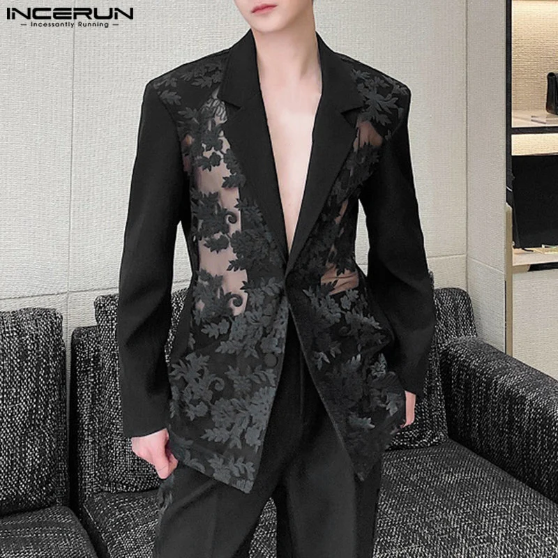 INCERUN 남성 블레이저 메쉬 패치 워크 레이스 투명한 옷깃 긴 소매 캐주얼 정장 남성 streetwear 2024 원 버튼 패션 코트