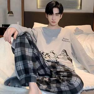 잠옷 남성 긴 소매와 바지 봄과 가을 스타일 간단하고 통기성 잠옷 학생 청소년 Loungewear 잠옷