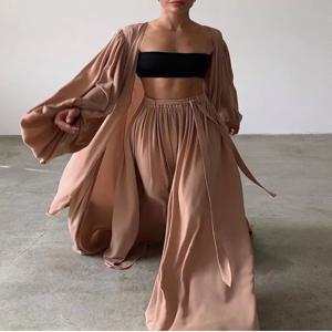 봄 여름 여성 3pcs 정장 섹시한 퍼프 슬리브 자켓 숙녀 변덕스러운 통근 넓은 다리 바지 패션 세트 2025 새로운