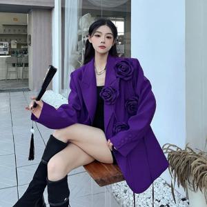 여성용 블레이저 보라색 입체 꽃 정장 봄, 가을 새로운 어깨 패딩 슈트 탑