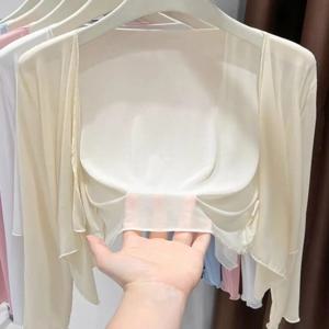 아이스 실크 메쉬 짧은 오픈 가디건 여성 여름 에어컨 커버 스카프 얇은 포켓 손수건 패셔너블 아우터웨어