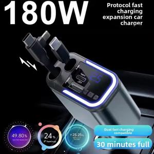 5 In 1 접이식 USB C 차량용 충전기 iPhone,iPad,Android용 분위기 조명이 포함된 180W 차량용 고속 충전 어댑터