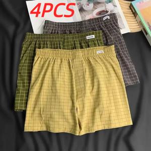 4Pcs 남성 속옷 복서 반바지 캐주얼 코튼 수면 속옷 Homewear 남성 팬티 스트라이프 격자 무늬 느슨한 편안한 속옷