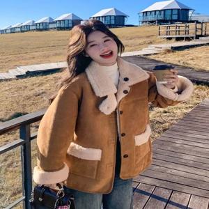 여성용 양면 스웨이드 양털 칼라 재킷 가을 겨울 따뜻한 소프트 코튼 의류 일체형 스킨 퍼 숏 루즈핏