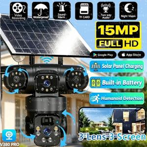 15MP IP 와이파이 카메라 태양광 카메라 실외 3렌즈 3화면 10배줌 PIR 인체감지 카메라 야간 투시 CCTV 보안 카메라