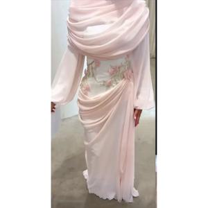 핑크 이브닝 드레스 맞춤형 쉬폰 꽃 주름 장식 스트레이트 하이 칼라 이브닝 가운 바닥 길이 스트레이트 파티 드레스
