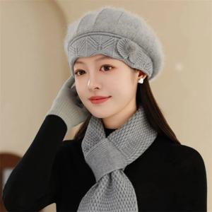 캐주얼 두꺼운 엄마 모자 스카프 방풍 토끼털 니트 모자 방한 겨울 모자 스카프 여성용