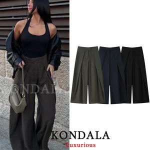 KONDALA 캐주얼 시크 와이드 레그 팬츠 여성 오피스 레이디 포켓 플리츠 롱 트라우저 패션 2026 봄 여름 스트리트웨어 팬츠