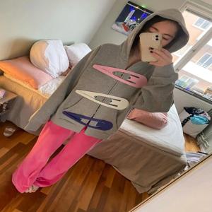 아메리칸 레트로 헤어 클립 후드티 여성용 신상 지퍼 가디건 재킷 여성용 귀여운 오버사이즈 후드티 스웨트셔츠 패션 Y2K 의류