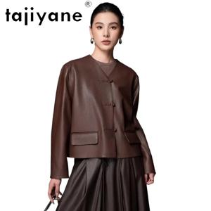 TAJIYANE 리얼 염소 가죽 재킷 여성용 짧은 브이넥 코트 버튼 장식 진짜 가죽 재킷 2026 가을 여성 의류