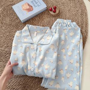 달콤한 귀여운 거위 프린트 한국 패션 여성 잠옷 Nightwear Kawaii 캐주얼 옷깃 넥 Y2K 잠옷 세트 가을 새로운 Loungewear