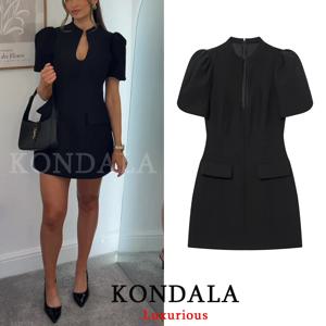 KONDALA 우아한 홀리데이 세련된 여성 미니 드레스 블랙 오-넥 지퍼 짧은 퍼프 슬리브 드레스 패션 2026 봄 여름 파티 드레스