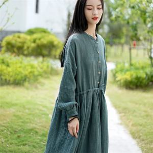 우아한 빈티지 코튼 린넨 여성 드레스 중국 스타일 버튼 스탠드 칼라 캐주얼 드레스 부드러운 플러스 사이즈 드레스 베스티도스