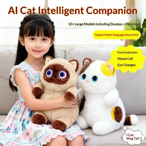 AI 고양이 인형 장난감, 터치 시 빛나는 눈, 흔들리는 꼬리, 다국어 지능형 어린이 친구 선물