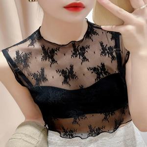 비즈니스 스타일 레이스 조끼 여성용 스웨터 이너웨어 짧은 민소매 인조 칼라 메쉬 포켓 손수건 투명 디자인