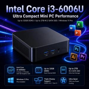 2026년형 미니 PC 인텔 코어 i3 6006U 윈도우 11 프로 컴팩트 무소음 트리플 디스플레이 타입 C HDMI 확장 가능 메모리 사무실 및 가정용