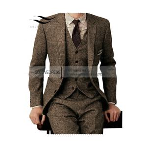 브라운 트위드 남성용 정장 3 피스 정장 세트, 정장 비즈니스 정장, 맞춤형 부드러운 신랑 웨딩 드레스 블레이저 정장 (재킷, 바지, 조끼)