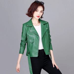 신규 여성용 모토 레더 재킷 봄 가을 패션 쿨 바이커 스타일 수트 칼라 쇼트 양가죽 코트 슬림 웨이스트 스플릿 가죽 재킷