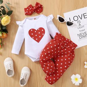 3PCS 신생아 아기 소녀 옷 세트 사랑 심장 긴 소매 Romper + 바지 + 머리띠 유아 소녀 0-18 개월을위한 패션 복장