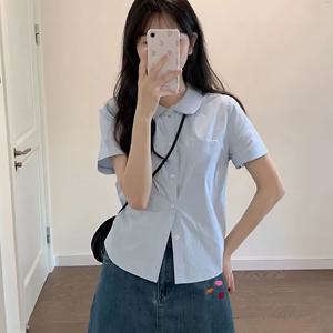 Xpqbb 여성용 블루 반팔 셔츠, 캐주얼 올매치 턴다운 칼라 블라우스, 프레피 스타일 학생 크롭 셔츠, 여름