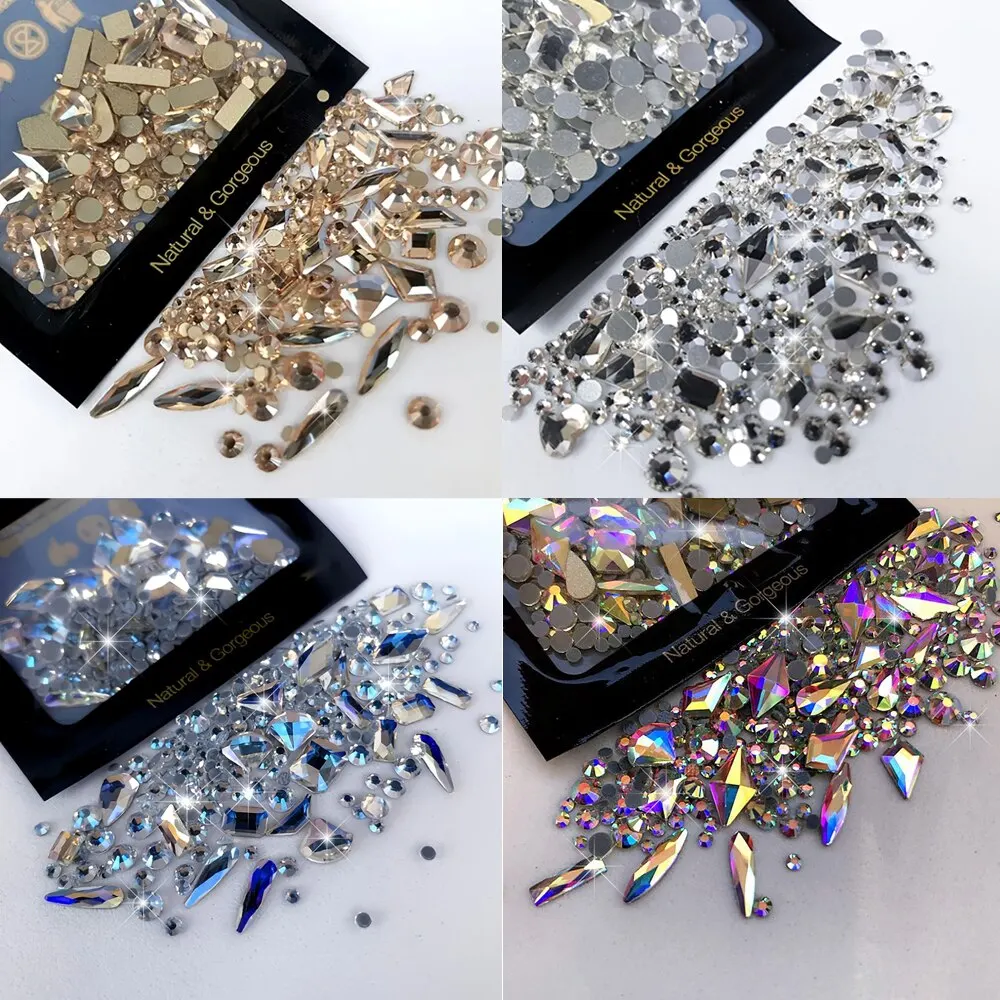 150pcs 라운드 플랫 백 유리 라인 석 플러스 20pcs 이상한 모양의 보석 DIY 디자인 네일 아트에 대 한 구슬 아름다움 장식 만들기