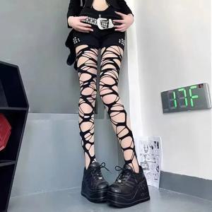 섹시한 블랙 찢어진 망사 타이츠 여성 고딕 펑크 홀로우 아웃 타이트 메쉬 팬티호스 스타킹 레깅스 이모 스타일 에걸 스트리트웨어
