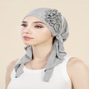 트렌디 한 솔리드 컬러 꽃 여성 Hijab 이슬람 숙녀 터번 보닛 롱 테일 헤드 랩 헤드 스카프 인도 모자