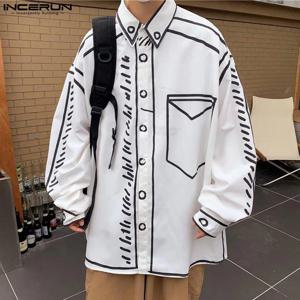 INCERUN Handsome Men Tops 2024 만화 만화 프린트 라인 셔츠 패션 남성 streetwear 핫 세일 루즈 한 긴팔 블라우스 S-5XL