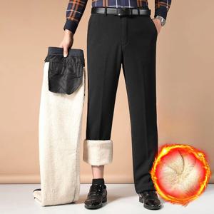 29-42 남성 겨울 두꺼운 비즈니스 캐주얼 정장 바지 따뜻한 양털 솔리드 캐주얼 스트레이트 바지 탄성 슬림 맞는 공식 드레스 바지