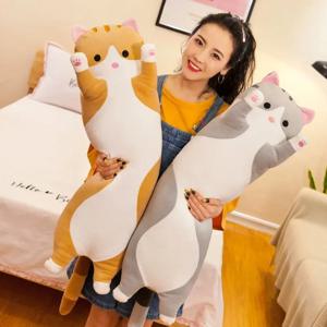 긴 고양이 봉제 바디 베개, 창의적인 귀여운 동물 인형 쿠션, 부드러운 소파 장식, 대형 수면 쿠션 장식
