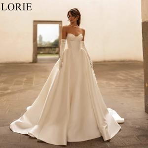 LORIE 우아한 아이보리 새틴 웨딩 드레스 A라인 스트랩리스 플리츠 요정 신부 프롬 가운 드레이프 빈티지 웨딩 드레스 맞춤 제작