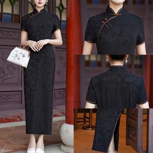 섹시한 검은 Cheongsam 여성 우아한 Qipao 느슨한 중국 전통 드레스 자카드 긴 저녁 파티 Vestidos 빅 사이즈 3Xl 4X